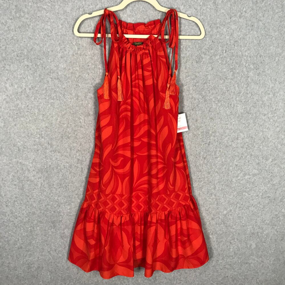 Taylor Midi tiered Dress XS Red Floral Tropical Tie Strap Pleated Flowy Vacation